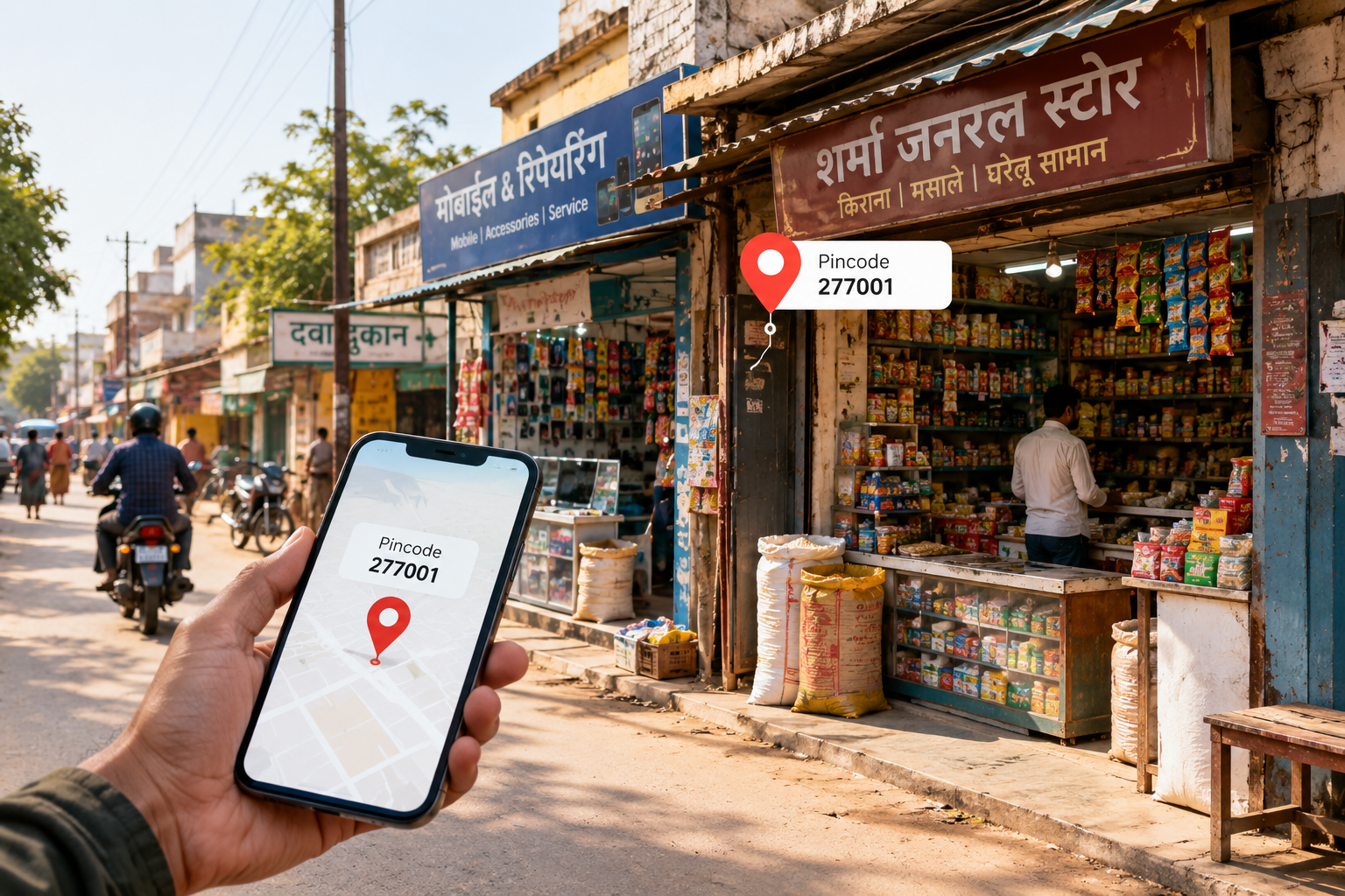Local Indian market street with small shops